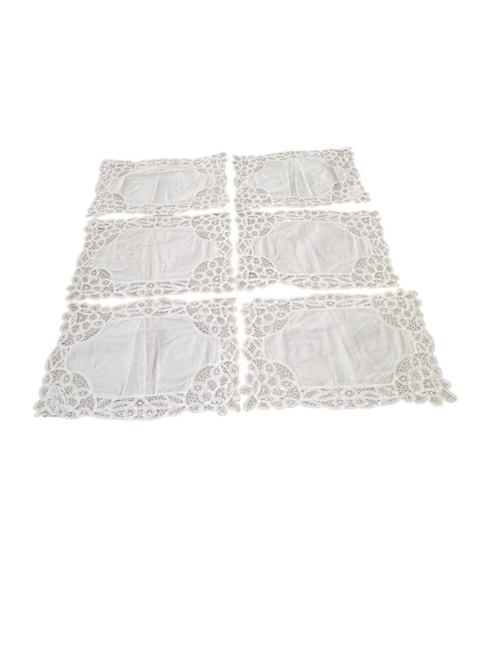 Vintage B.M. Jabara Battenberg Lace Cotton Placemats Set of 6 White 18x12